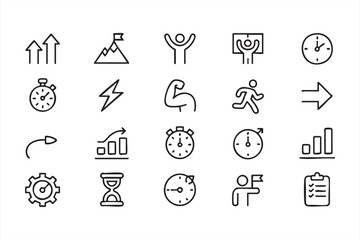 Business productivity icons set featuring stopwatch progress and improvement metrics