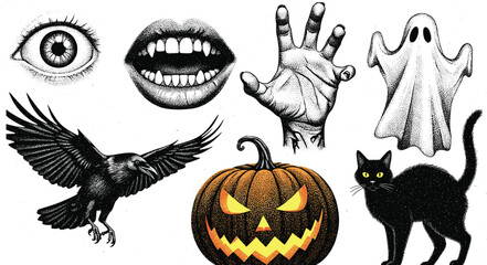 Halloween spooky elements set with ghost, jack-o'-lantern, black cat, crow, eye, hand, mouth in stippled vector style
