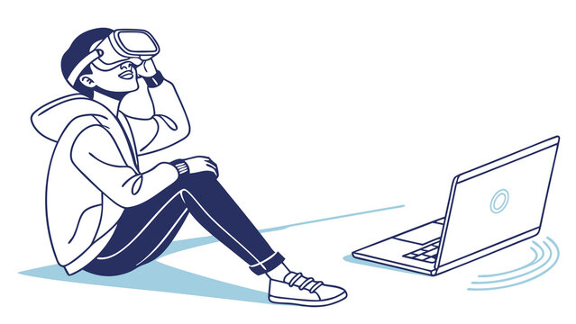 Person Immersed in Virtual Reality with Laptop.