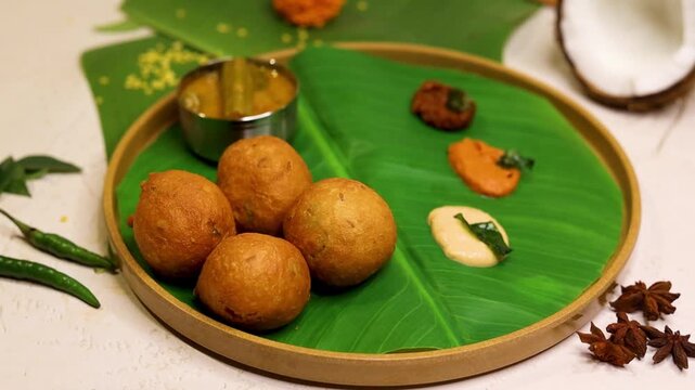 Mysore bonda served in a banana leaf with different kinds of chutney