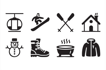 Winter holiday icons vector set with ski lift snowboard snowman and mountain lodge