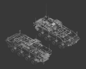 Military armored personnel carrier blueprint in detailed 3D wireframe model, featuring intricate lines and curves on a black background.