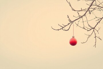 Festive Ornament on Bare Branch: A single, vibrant red ornament, suspended from a delicate, bare tree branch against a soft, neutral background.