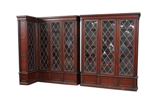 Antique Dark Wood Display Cabinets with Glass Doors and Intricate Carving PNG