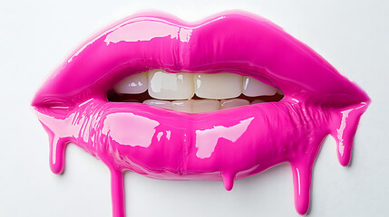 A striking, high-gloss image depicts a pair of lips coated in vibrant pink. 
