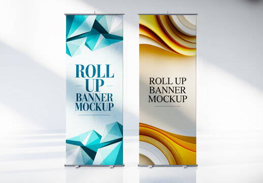 Realistic Roll Up Banner Mockup Set With Abstract Design Background