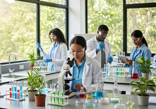 Group of researchers in lab analyzing samples with microscope and colorful solutions.