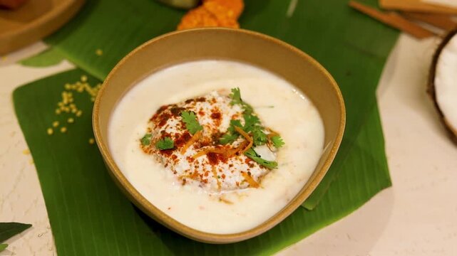 Indian Chaat Dahi Bhalle with Curd and Sweet Sauce on banana leaf with indian backdrop