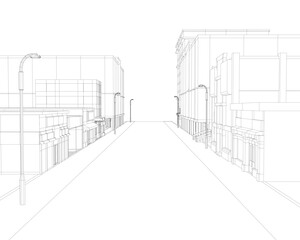Black and white wireframe drawing of a city street with buildings and street poles on a clean white background.