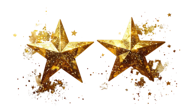 Two golden stars, digitally enhanced with golden splatters, against a black background