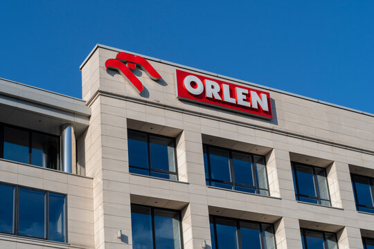 Warsaw, Poland - August 29, 2025: Orlen company logo on corporate office building exterior