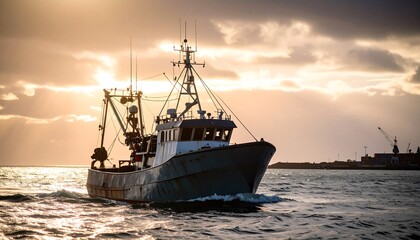 Naklejka premium Fishing Vessel at Sunset - A Maritime Scene of Industry and Tranquility.