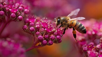 Bees pollinating flowers in a garden bed