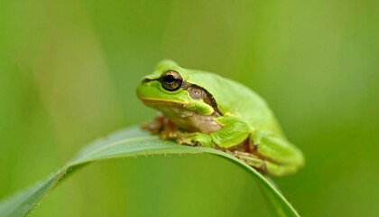 Obraz premium Tiny green frog on blade of grass