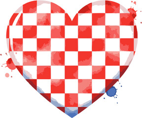 A vibrant heart symbol adorned with a distinctive red and white checkerboard pattern, evoking national pride and love for a cherished heritage, surrounded by artistic watercolor splatters