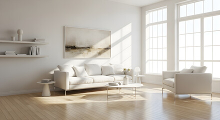 Fototapeta premium A bright and airy living room with a white sofa, armchair, and coffee table bathed in sunlight.