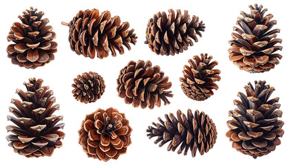 Close-up of various pine cones, arranged in a grid pattern against a black background.  Different shades of brown and variations in cone structure.  Each cone is clearly visible and in focus