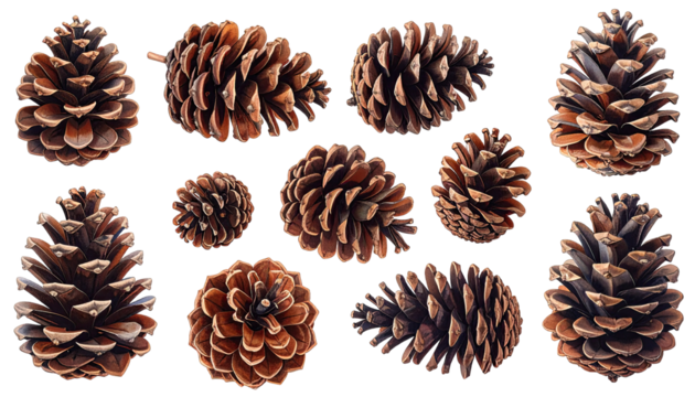 Close-up of various pine cones, arranged in a grid pattern against a black background.  Different shades of brown and variations in cone structure.  Each cone is clearly visible and in focus
