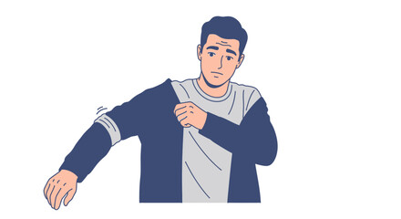 Man adjusting his jacket sleeve thoughtfully.