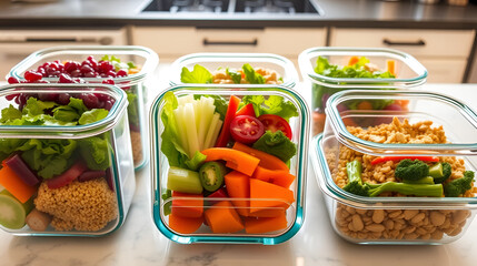 Multiple pre portioned meal prep containers filled with healthy fresh vegetables and grains on a bright kitchen counter