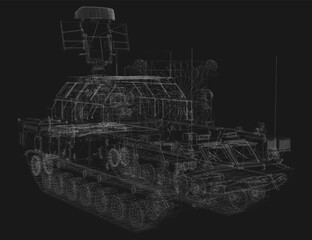 Military anti-aircraft missile system wireframe model on black background, showcasing realistic 3D design and tactical details.