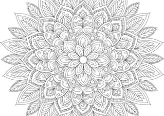 Starburst mandala with layered floral and leaf patterns, black and white symmetrical vector design for coloring, meditation, and decoration