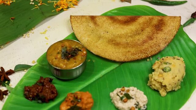Masala dosa served with sambhar and different types of chutney on banana leaf