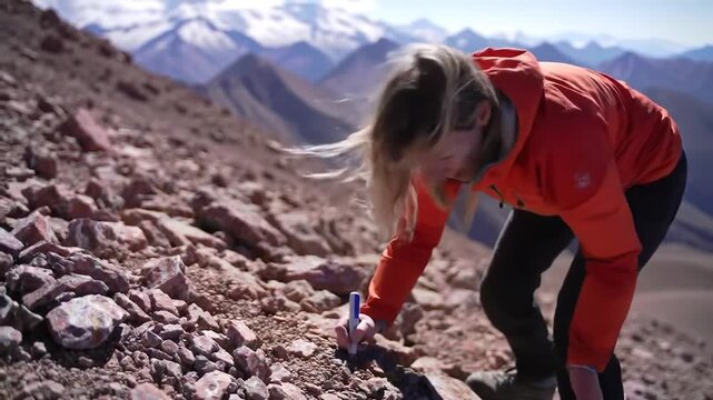 Geological Fieldwork: Woman Studying Rocks on Mountain Slope with Snow Peaks