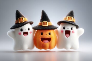 Cute Halloween Ghosts and Pumpkin with Hats