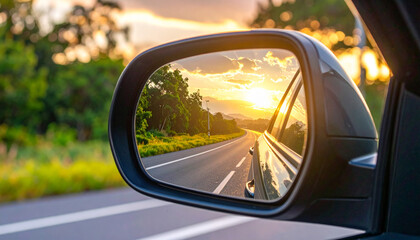 Obraz premium Car mirror reflection sunset highway dynamic perspective scenic road green trees golden sky travel adventure summer evening outdoor journey peaceful mood