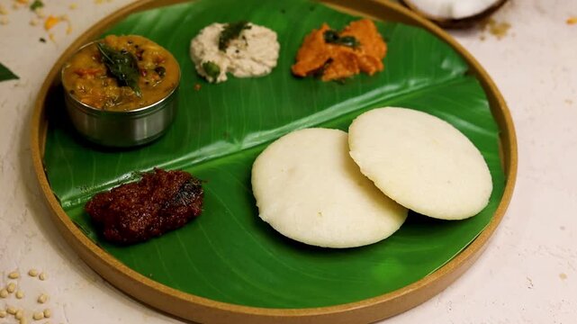 South Indian breakfast food idli with sambar and chutney served on banana leaf 