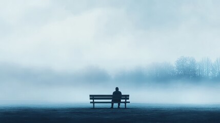 A single figure sitting on a bench in an empty park, surrounded by a vast on blurred background
