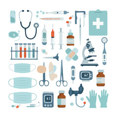 A comprehensive flat lay illustration of various medical and healthcare tools, equipment, and supplies on a white background.