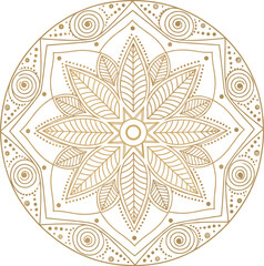 Golden mandala with floral center, geometric symmetry, decorative spirals, elegant ornament, sacred pattern, abstract art for spiritual and interior design