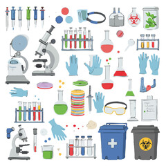 A comprehensive illustration featuring various laboratory equipment and scientific tools for research and experimentation.