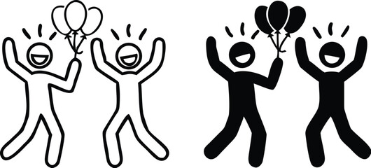 Celebration Icons. Black and White Vector Illustrations. Two People Smiling and Dancing with Balloons. Party, Congratulations on the Important Event. Reward Concept

