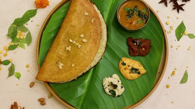 Garlic dosa served with chutney and sambhar on banana leaf, south indian food
