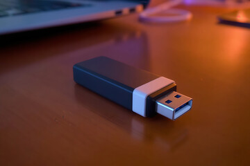 Black USB Flash Drive on Wooden Desk: Data Storage, Portable Memory, Technology, Close-Up Image