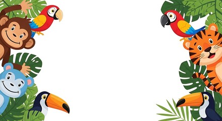 Fototapeta premium Cartoon Jungle Animals Border with Tropical Leaves Illustration