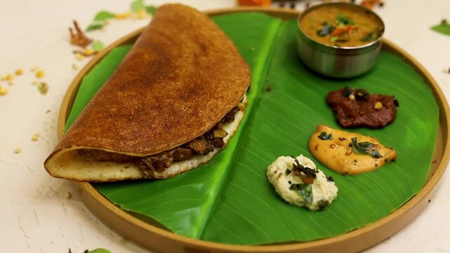 Masala dosa served with sambhar and different types of chutney on banana leaf