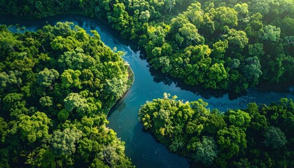 Aerial view of a winding river snaking through a vibrant, dense green rainforest canopy under bright sunlight.