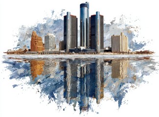 Detroit skyline reflected, winter scene, artistic