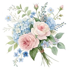 Watercolor Floral Bouquet Set - Peach, Pink, and White Flowers including Rose, Peony, and Ranunculus. Green Branches and Foliage. Wedding and Invitation Clipart