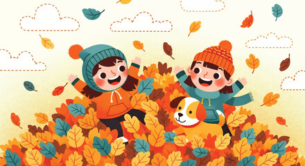 Adobe illustrator artwork vector illustration of a happy boy and girl playing in a pile of autumn leaves with their dog. Perfect for children's books and seasonal content