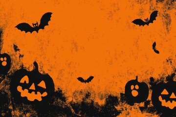 Spooky halloween background with carved pumpkins bats and spooky silhouettes against a textured orange and black backdrop