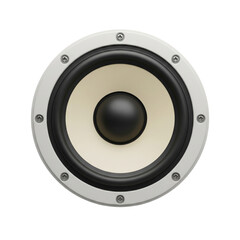 Close-up view of an audio speaker with a white frame against a black background