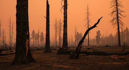 Burned forest landscape under orange sky with dead trees