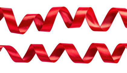 Two parallel rows of vibrant red ribbon curling in a spiral pattern against a black background