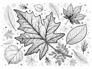 Intricate Autumn Leaves Line Art Vector Background. Elegant Black Ink Botanical Drawing with Cross-Hatching on White. Seasonal Seamless Pattern.