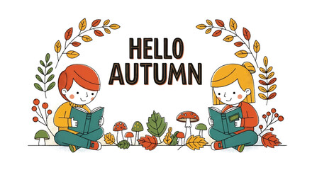 Adobe illustrator artwork vector illustration of a boy and girl reading books in an autumn forest, surrounded by leaves and mushrooms. Great for educational and seasonal designs